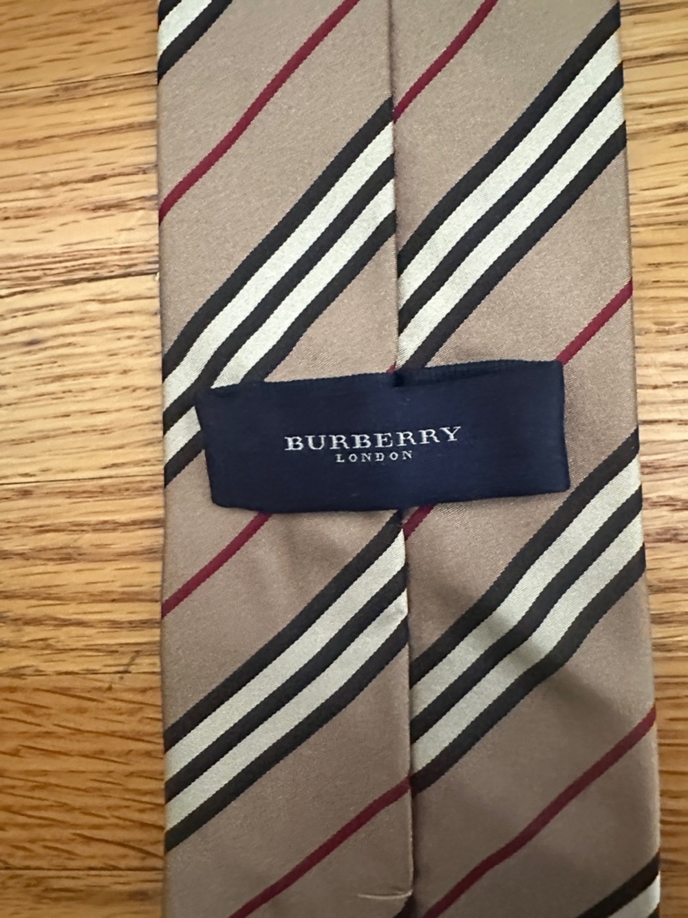 Burberry Tan Striped Silk Tie with Black, White and Red Accents - Picture 3 of 4